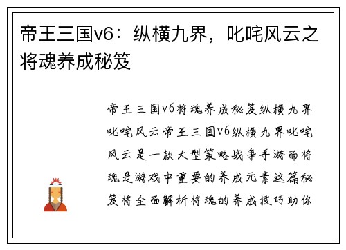 帝王三国v6：纵横九界，叱咤风云之将魂养成秘笈
