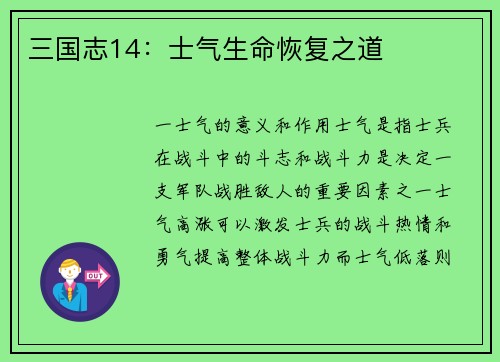 三国志14：士气生命恢复之道